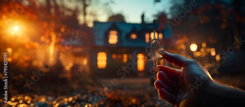 Hands holding a miniature house on the background of autumn leaves. photo