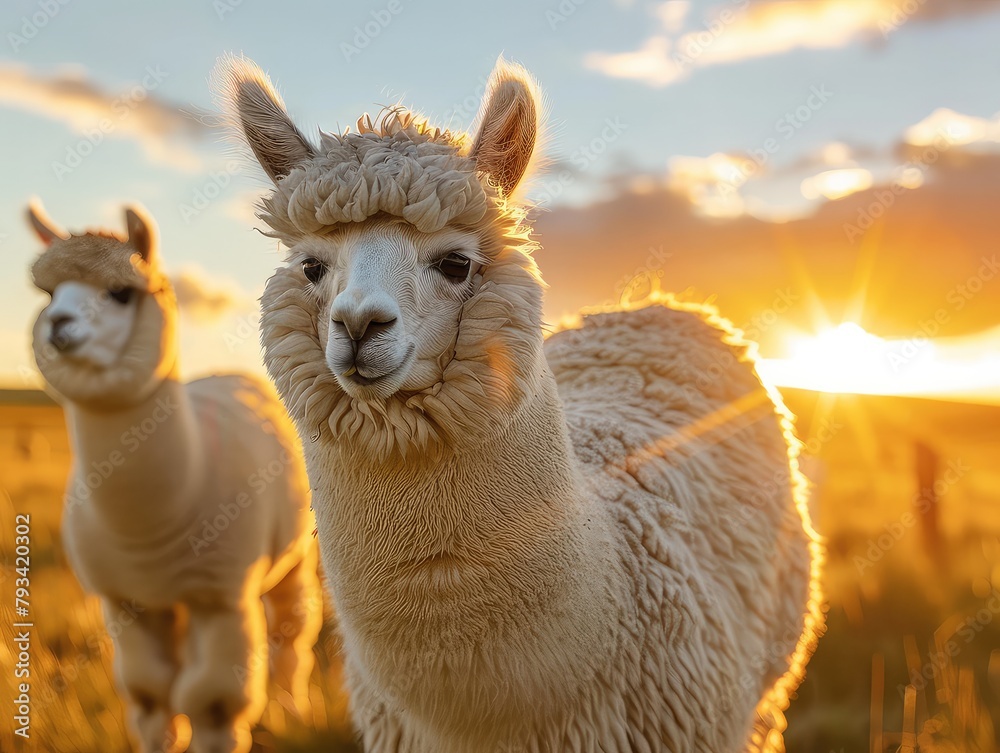 An alpaca standing in a field of grass at sunset.