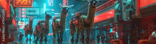 Innovative cyberpunk eutopia featuring a network of llamas as mechanical beings, in graphic novel style from a dynamic angle, 