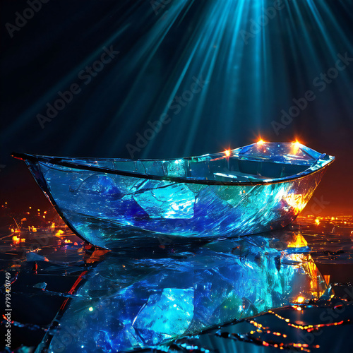 Blue crystals boat on the blue rays with reflection.