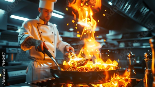 Professional chef flambeing food in a dark restaurant kitchen, with intense flames leaping from the pan under moody lighting,  photo
