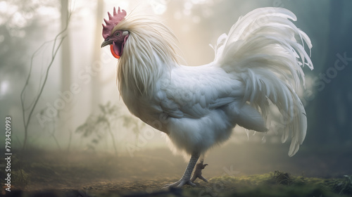 Double Exposure, white background, side view of a Rooster in front of a forest ~ Created using Generative AI