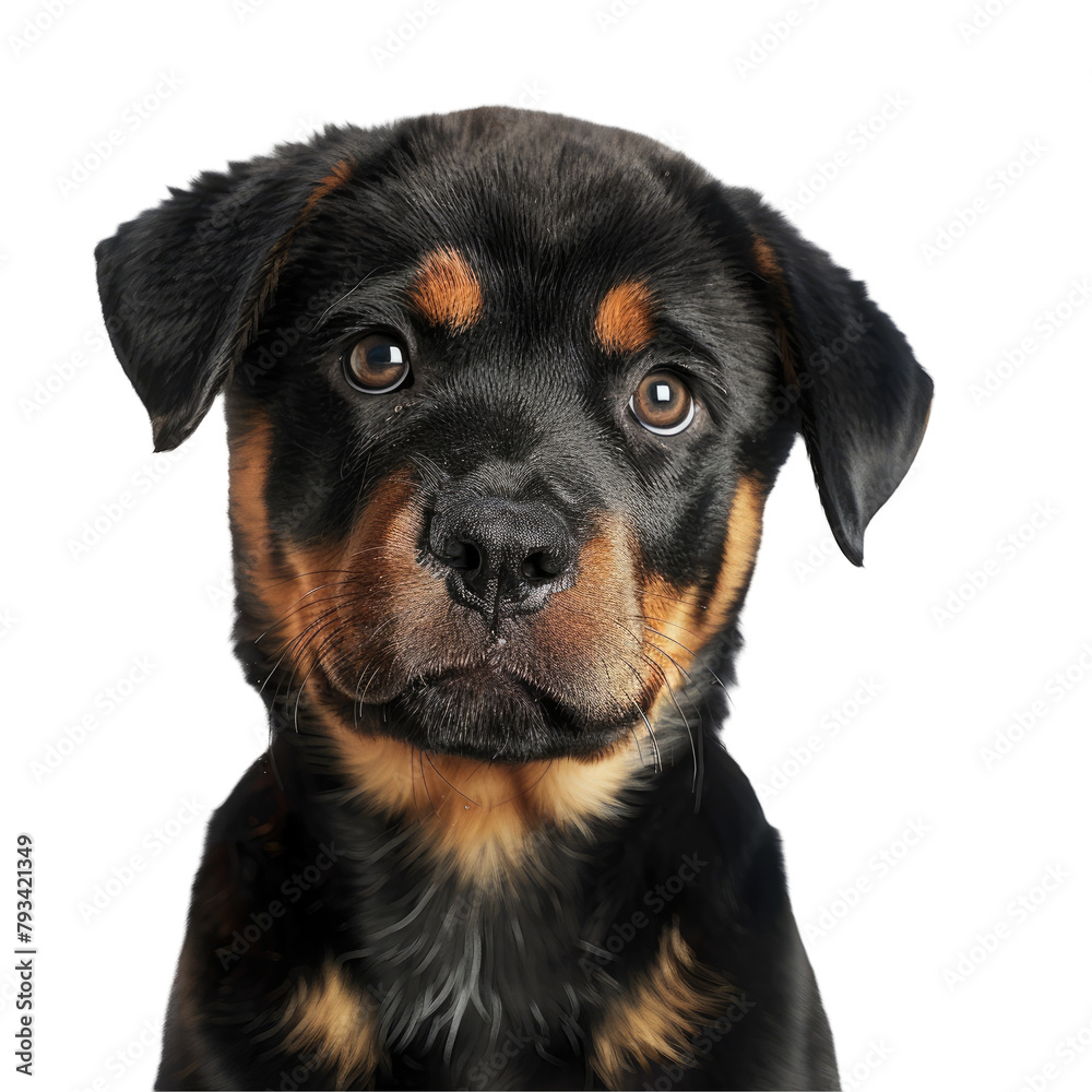A cute Rottweiler puppy posing in front of a crisp transparent background set against a transparent background