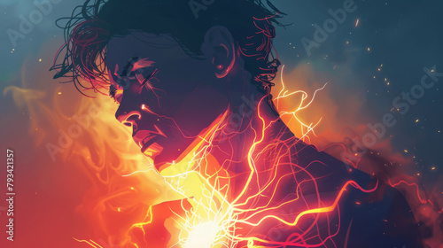 An abstract digital artwork capturing a man enveloped by fiery lightning energy.