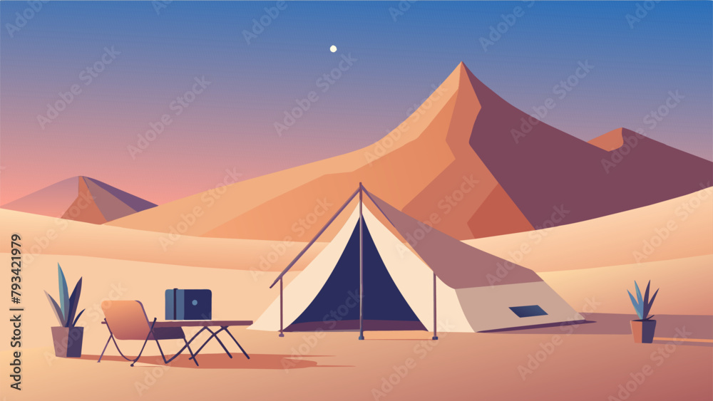 A cozy tent set up in the middle of a desert oasis offers a unique remote work experience where one can take breaks to explore the nearby sand