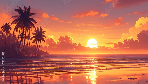 Capture serene tropical ocean sunset. Emphasize calmness, warm hues, gentle waves.