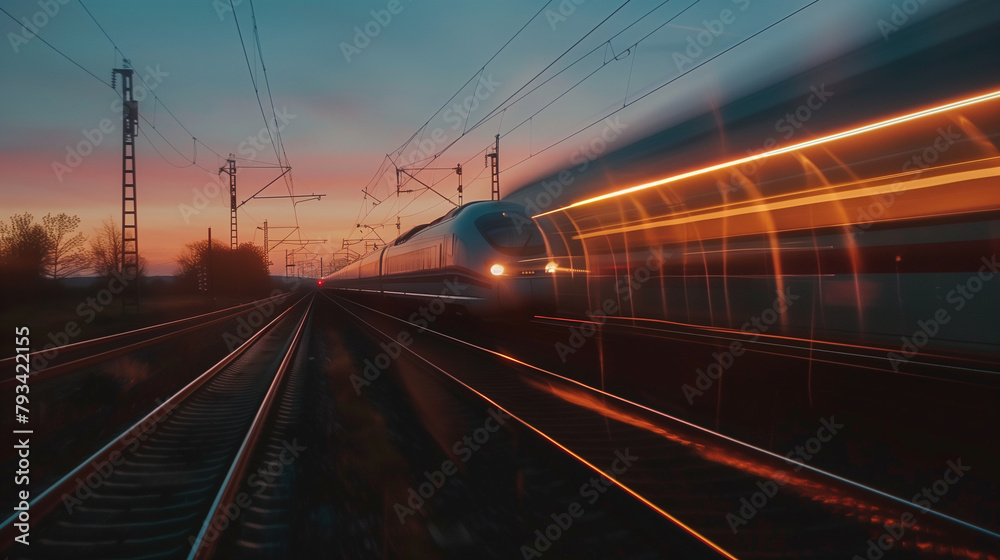 Fototapeta premium A train is traveling down the tracks with the sun setting in the background