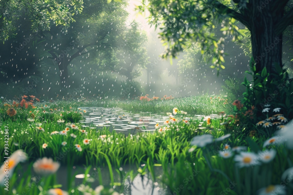 view of a lush green nature forest while raining with a water pond 