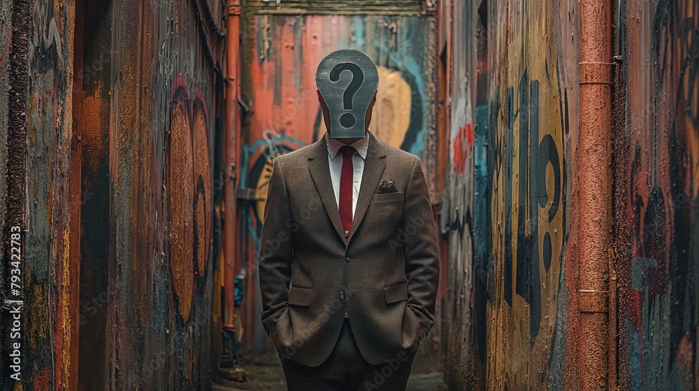 Naklejka premium Man with Question Mark Head in Urban Alley