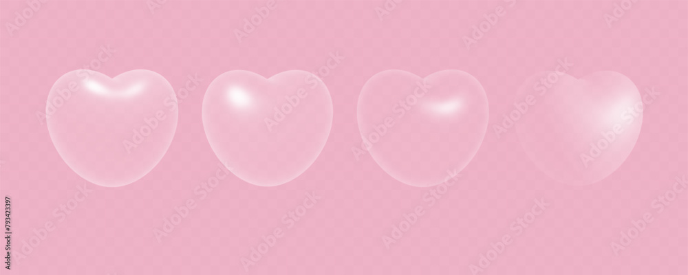 Set of white transparent heart bubbles. Vector design template. White glass love symbols isolated on pink background