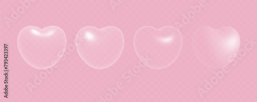 Set of white transparent heart bubbles. Vector design template. White glass love symbols isolated on pink background