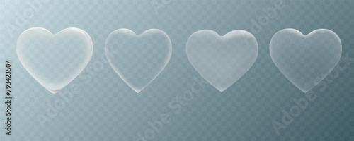 Set of vector realistic, transparent glass hearts. White matt and glossy love symbols isolated on gradient backdrop
