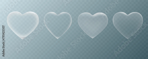 Set of vector realistic, transparent glass hearts. White matt and glossy love symbols isolated on gradient backdrop