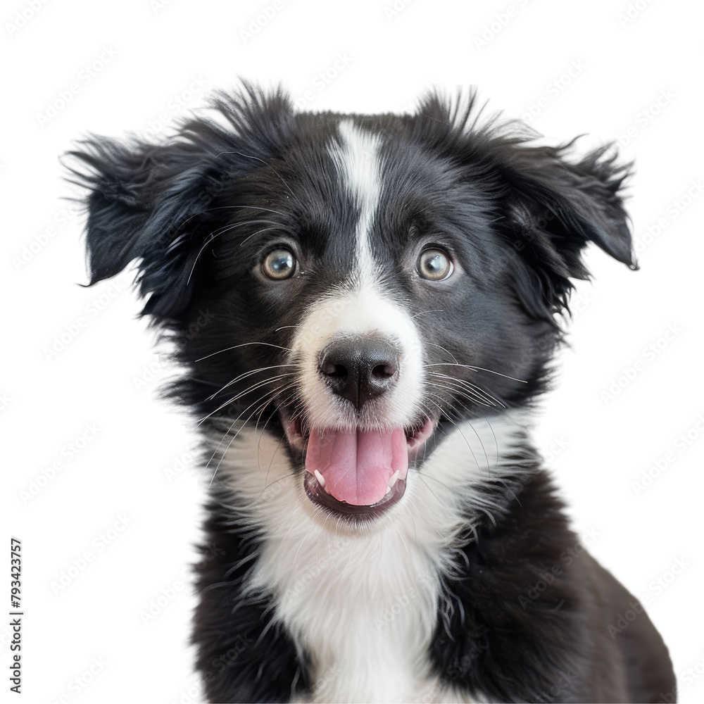 A lively border collie puppy set against a transparent background