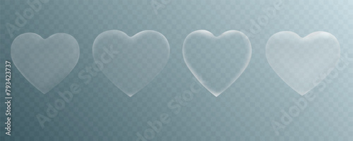 Set of 3d white soapy transparent hearts. Realistic matt and glossy vector design elements 