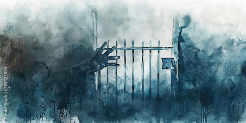 Yearning: The Locked Gate and Outstretched Hand - Visualize a locked gate with someone reaching out their hand towards what lies beyond, illustrating the feeling of yearning for something unattainable photo