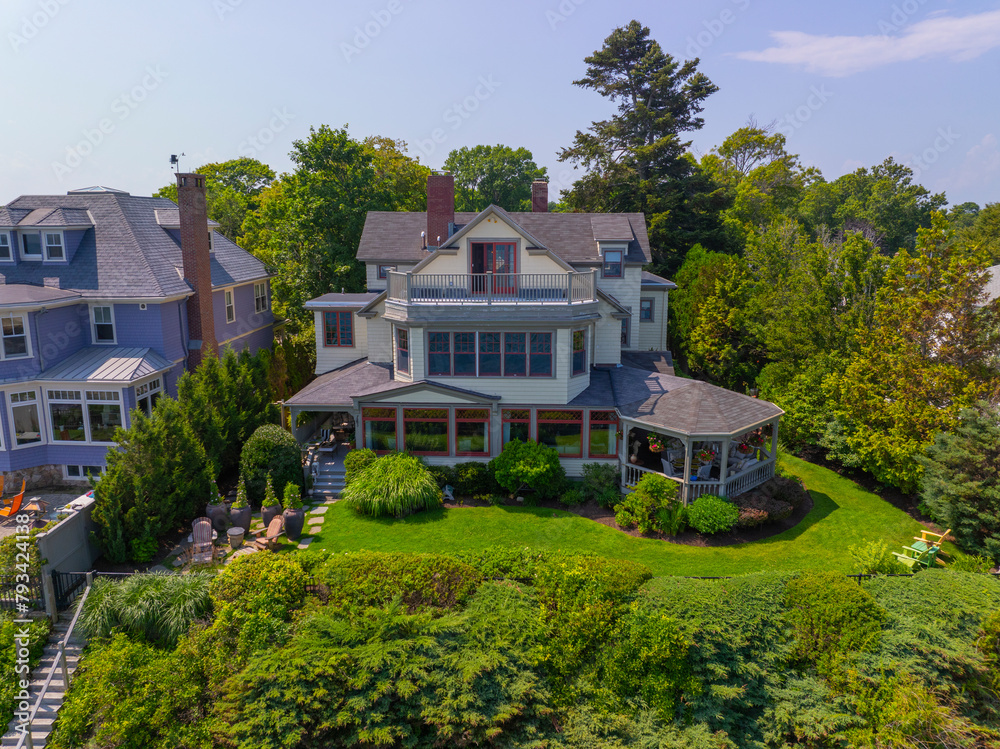 Waterfront houses at Preston Beach aerial view in summer between town of Marblehead and Swampscott in Massachusetts MA, USA. 