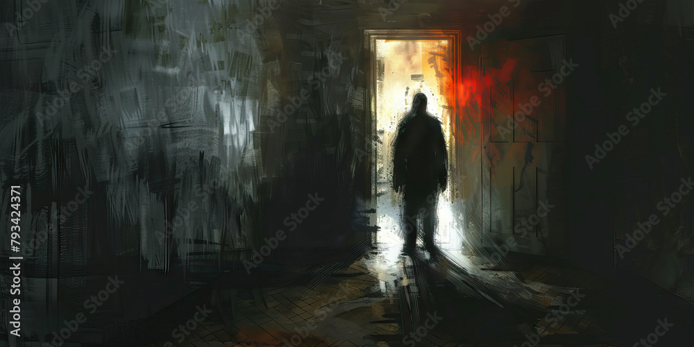 Haunting: The Shadowy Figure and Flickering Light - Visualize a shadowy figure in a dimly lit room, illustrating the haunting presence of a ghost Haunting: The Shadowy Figure and Flickering Light - Visualize a shadowy figure in a dimly lit room, illustrating the haunting presence of a ghost