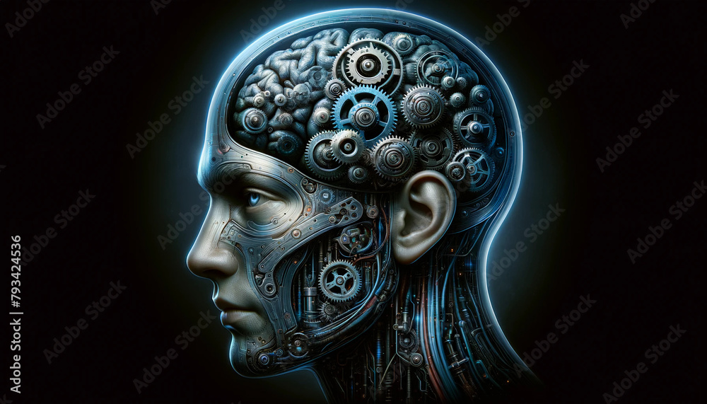 A human with a mechanical robot brain, set against a dark background