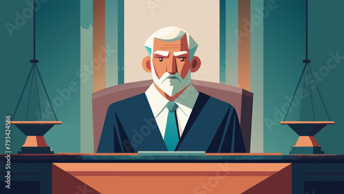 A courtroom scene shows a judge with a stern but wise expression as they carefully consider the evidence presented before them. Their top