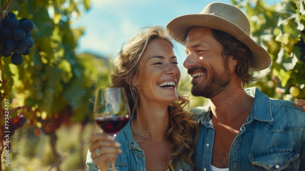 Fototapeta premium Portrait of happy couple drinking wine in vineyard . Man and woman wearing hat holding glass with red wine, laughing together at sunny day
