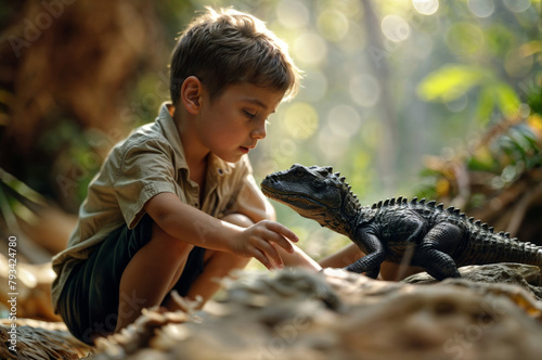 Little boy playing with a crocodile in the jungle. Kid and animal concept.