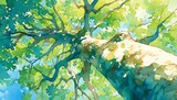 watercolor background illustration of a tree trunk with lush leaves seen from below