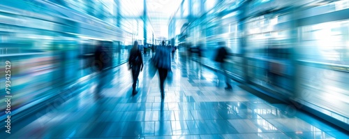 Blurred motion of commuters in modern cityscape photo