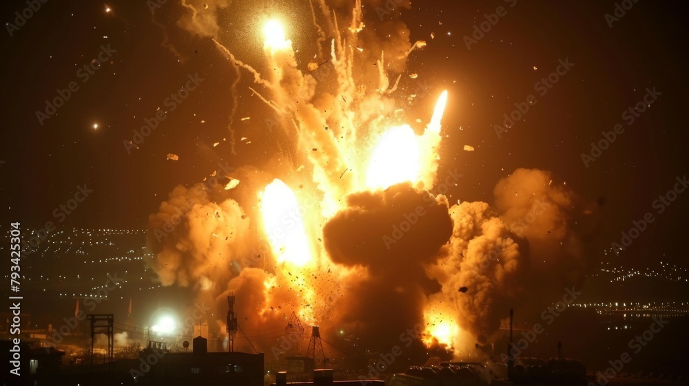 Explosive night launch of military missiles - A dynamic night scene capturing multiple missiles launching simultaneously with vibrant explosive effects offering a powerful visual