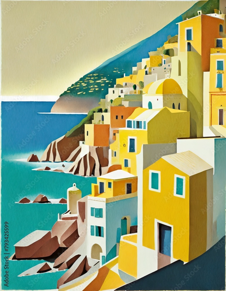 Sea coast illustration, Italian coast, Positano landscape in Italy