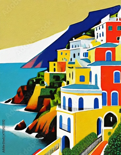 Sea coast illustration, Italian coast, Positano landscape in Italy © Guud