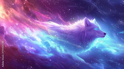 Ethereal wolf profile with starry mane - A mystical wolf profile with a mane that flows into a starry night, radiating magical, cosmic energy