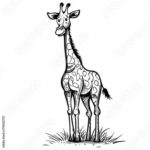 Obraz Black and white sketch of a cheerful giraffe in a whimsical style, isolated on white background.