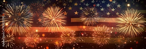 Firework display celebrating patriotism and freedom - A panoramic image of a firework display over a starry background intertwined with the colors of the American flag © Tida
