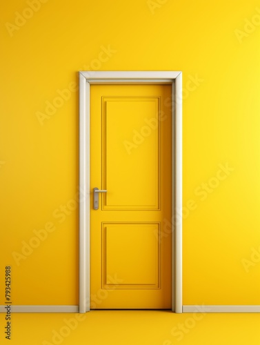 Minimalist yellow door on a yellow wall - A simple yet striking image of a closed yellow door set against a yellow background, creating a monochromatic effect photo