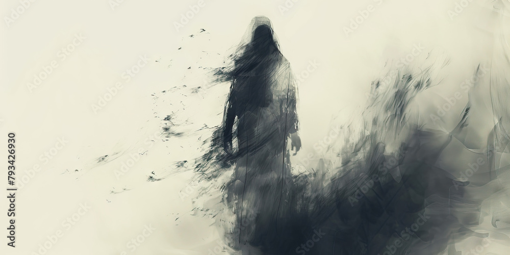 Cursed: The Shadowed Figure and Foreboding Presence - Visualize a shadowed figure with a foreboding presence, illustrating the feeling of being cursed by a ghost - obrazy, fototapety, plakaty 