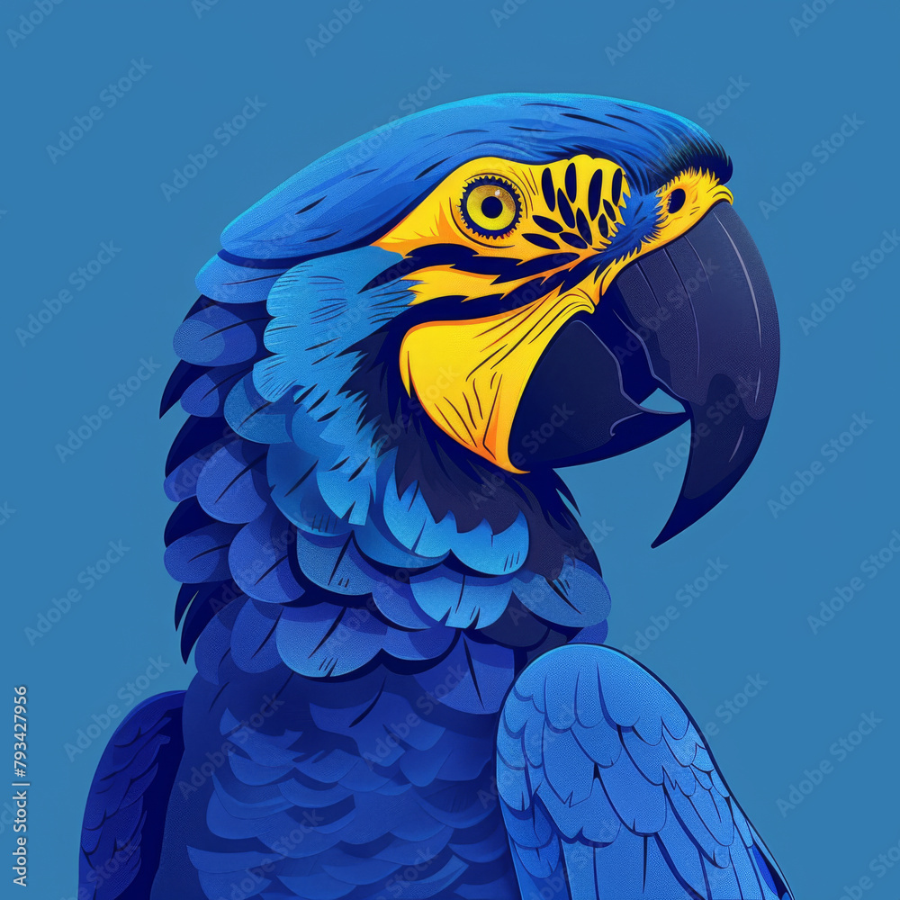 Obraz premium Digital illustration of a blue and yellow macaw with detailed feathers against a solid blue background.