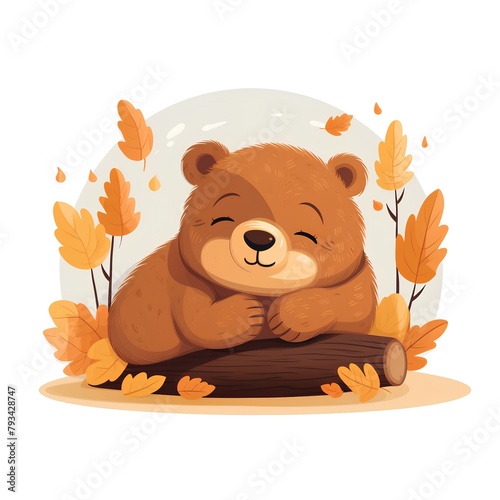 Cute cartoon bear lying on log with autumn leaves. Vector illustration