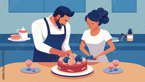 A young couple sits side by side on a kitchen counter deep in concentration as they pipe delicate rosettes of frosting onto a freshly baked