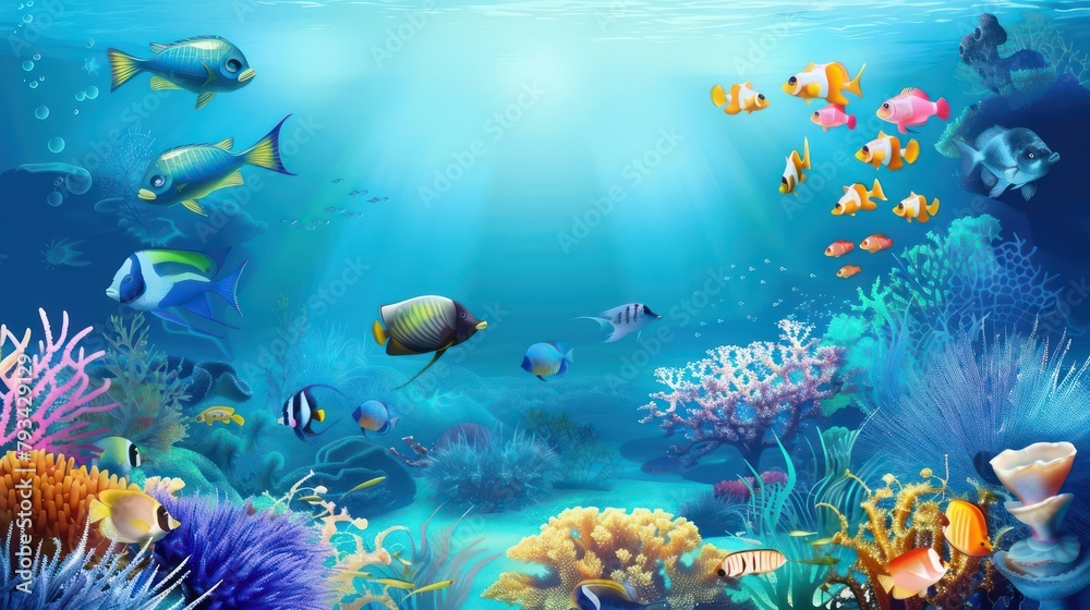 Fototapeta premium Beautiful underwater view with fish and coral and sunlight