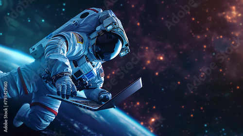 an astronaut flying in the galaxy and bring a laptop © Altair Studio