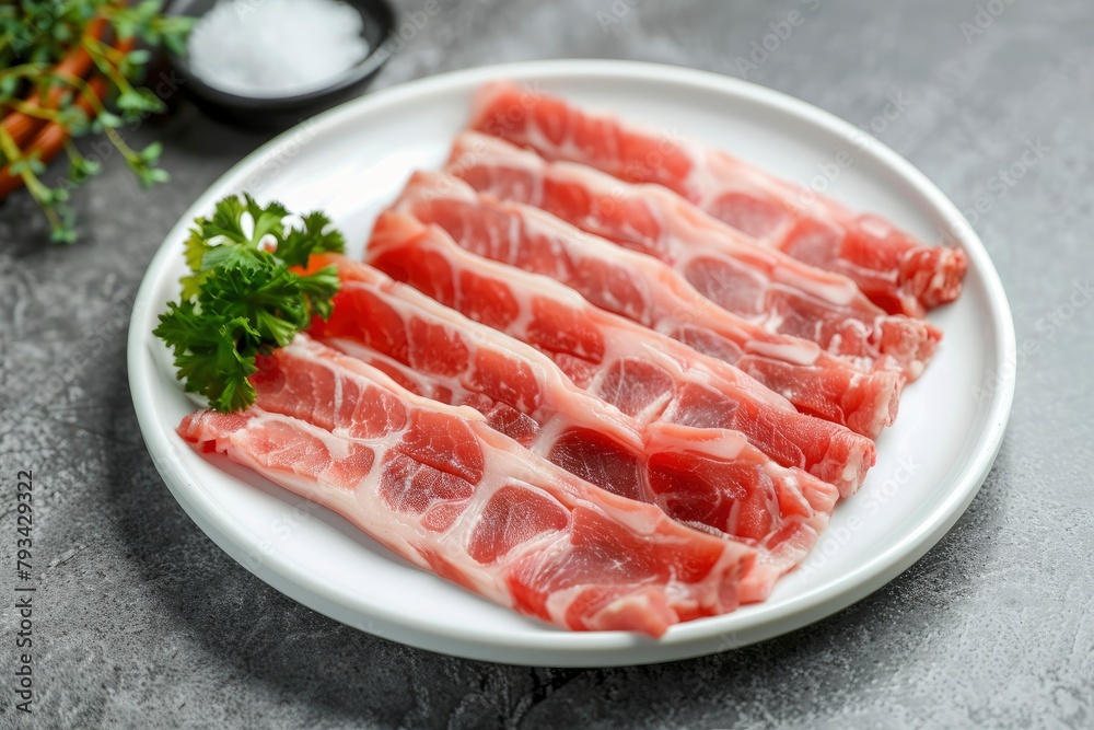 Sliced belly pork for shabu or Japanese hot pot in white plate on grey background - generative ai