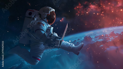 an astronaut flying in the galaxy and bring a laptop