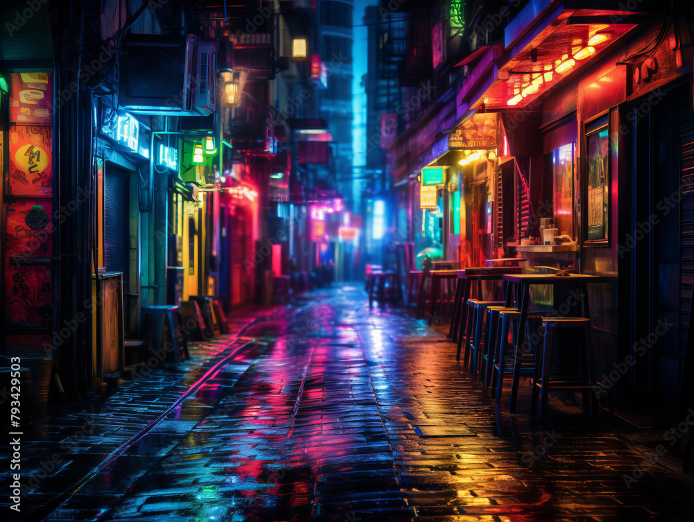 Naklejka premium A neon lit city street with a neon sign for a restaurant