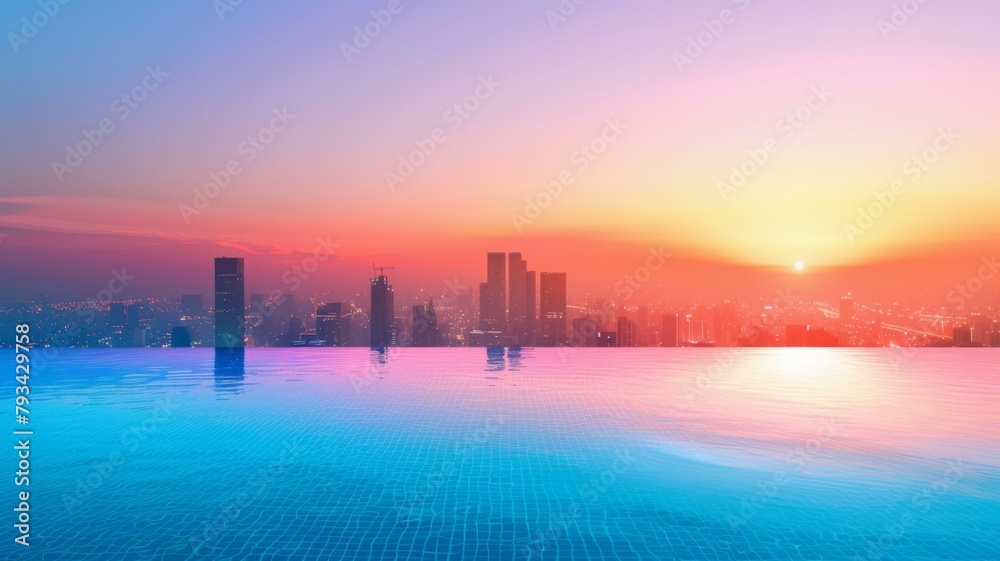 Vibrant sunset over cityscape and pool - This breathtaking image captures a dazzling sunset with intense colors reflected over a serene cityscape and pool