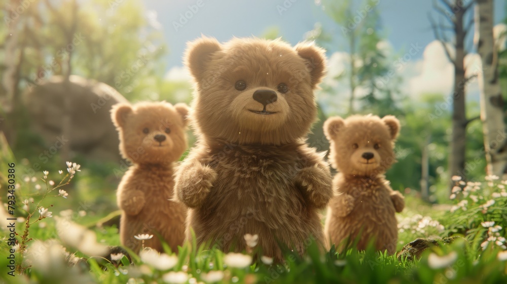 Three teddy bears in a sunlit forest clearing - Delightful scene of three teddy bears playfully posed in a lush, sunlit forest clearing, evoking joy and nostalgia Three teddy bears in a sunlit forest clearing - Delightful scene of three teddy bears playfully posed in a lush, sunlit forest clearing, evoking joy and nostalgia