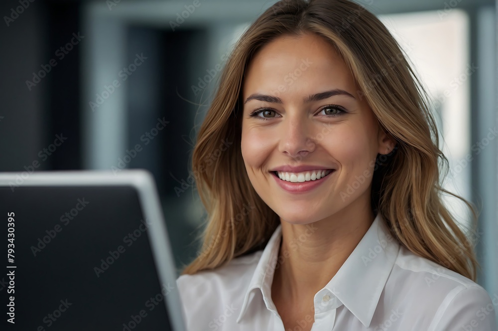 Portrait of a Joyful Young Woman Working in Office