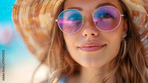Smiling woman wearing sunglasses and a straw hat - Close-up of a cheerful young woman in stylish sunglasses with reflections, wearing a straw hat