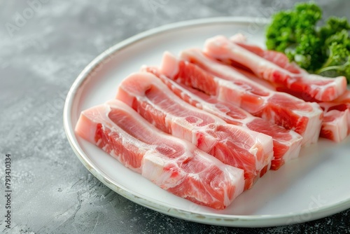 Sliced belly pork for shabu or Japanese hot pot in white plate on grey background - generative ai