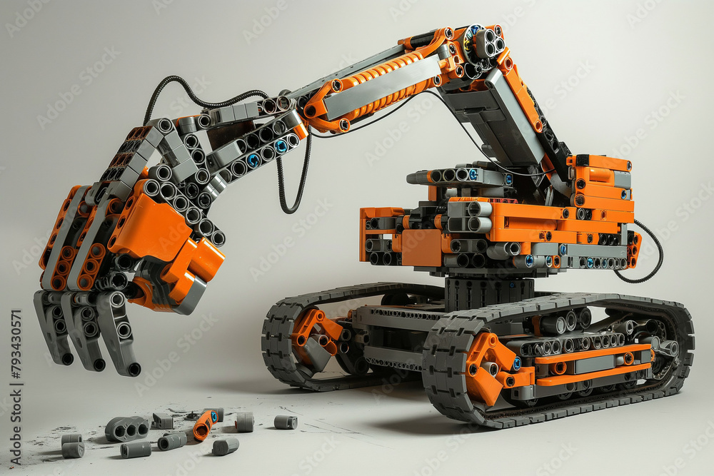 A grey and orange robotic claw picking up grey blocks against a white background.